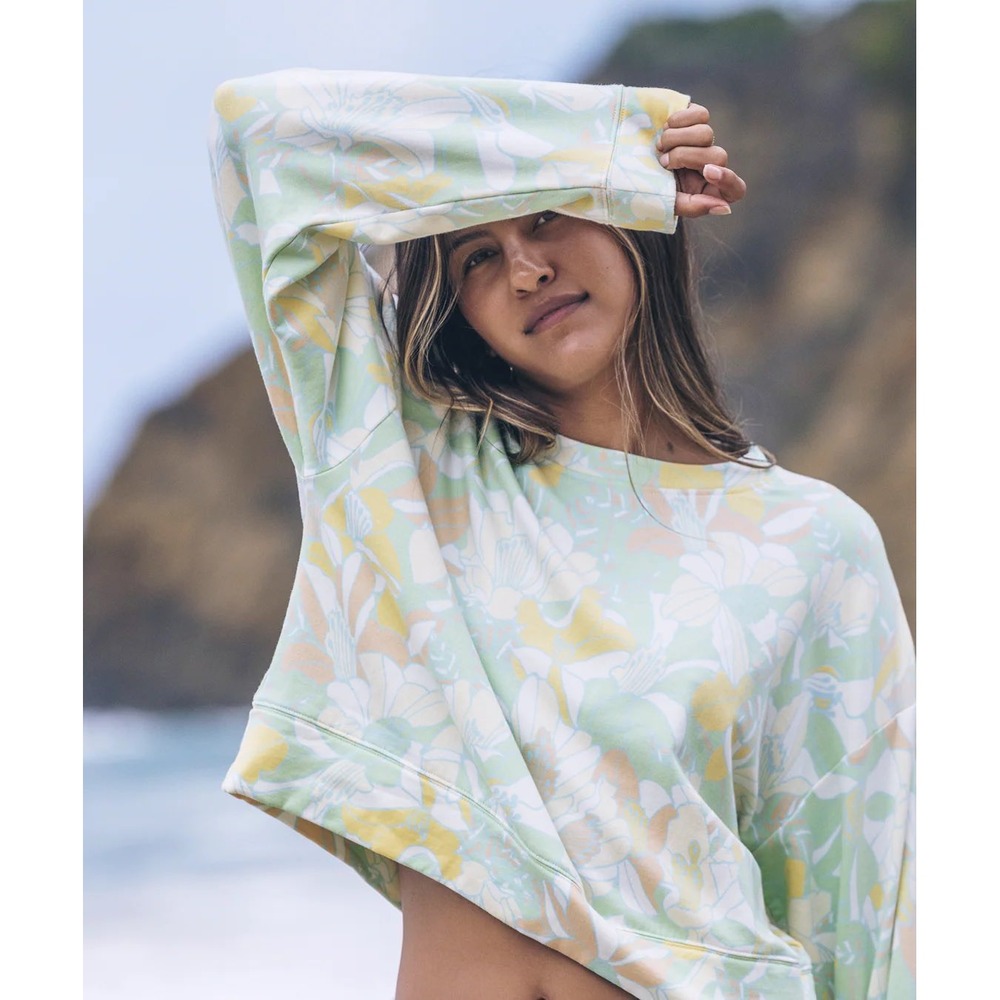 Hurley Womens Floral Cropped Crewneck Sweatshirt Mint Green Yellow NWT XL